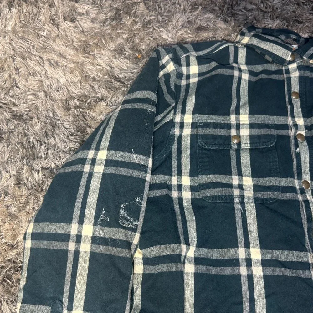 Vtg Size XL Carhartt Men Ink Green Flannel Sherpa Lined Plaid Snap‎ Front Jacket